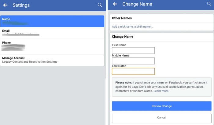 change your name on facebook app